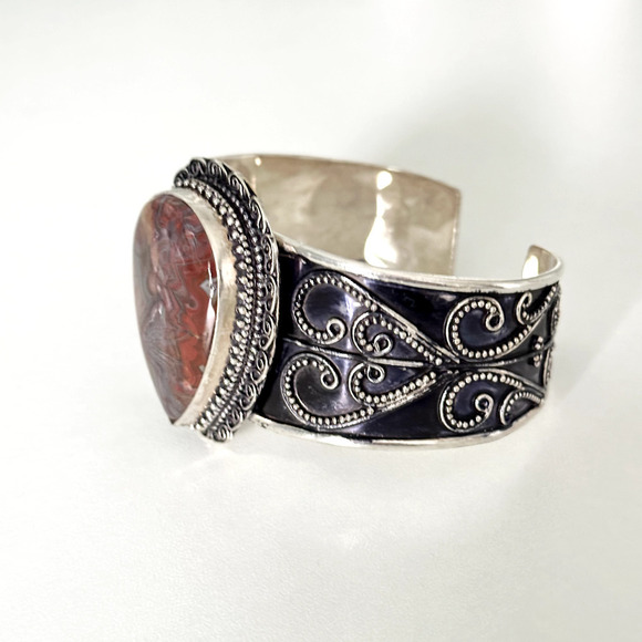 Vintage 925 Sterling Silver Huge Agate Filigree Scroll Wide Chunky Cuff Bracelet - Picture 4 of 15
